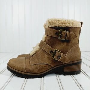 Anne Klein Lolly 3 Vegan Leather Buckle Faux Sheepskin Sherpa Ankle Boots K628